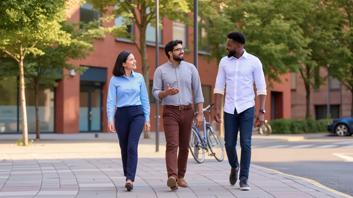 Three coworkers walking and talking on a sunny city sidewalk