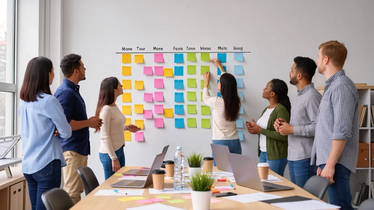 Marketing strategist arranging theme cards on a wall grid