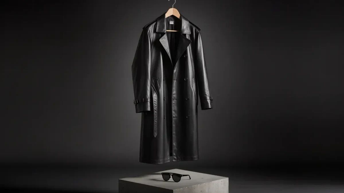 Black leather trench coat on a wooden hanger beside narrow sunglasses