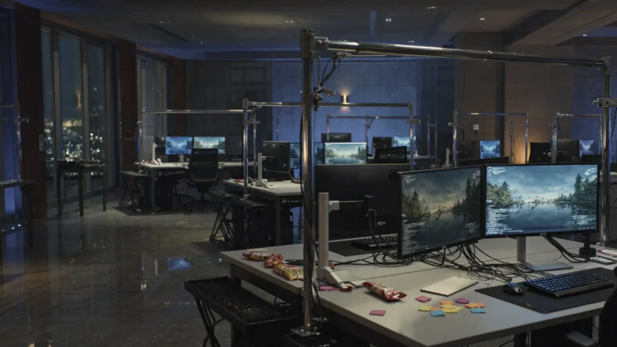 Dark game studio workspace with glowing monitors and empty chairs