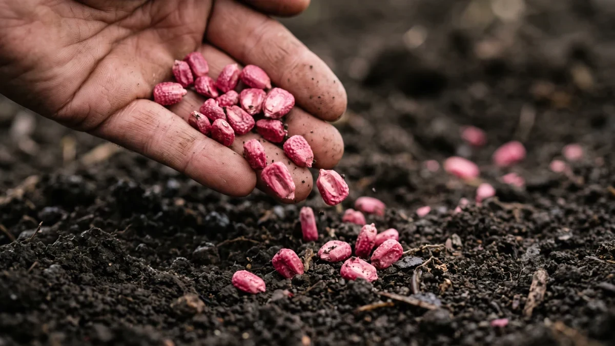 Macro photograph of corn seed kernels coated for planting