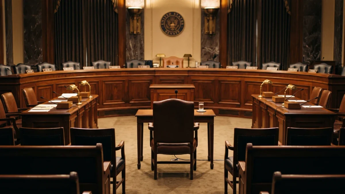 Empty witness chair before a Senate committee hearing room