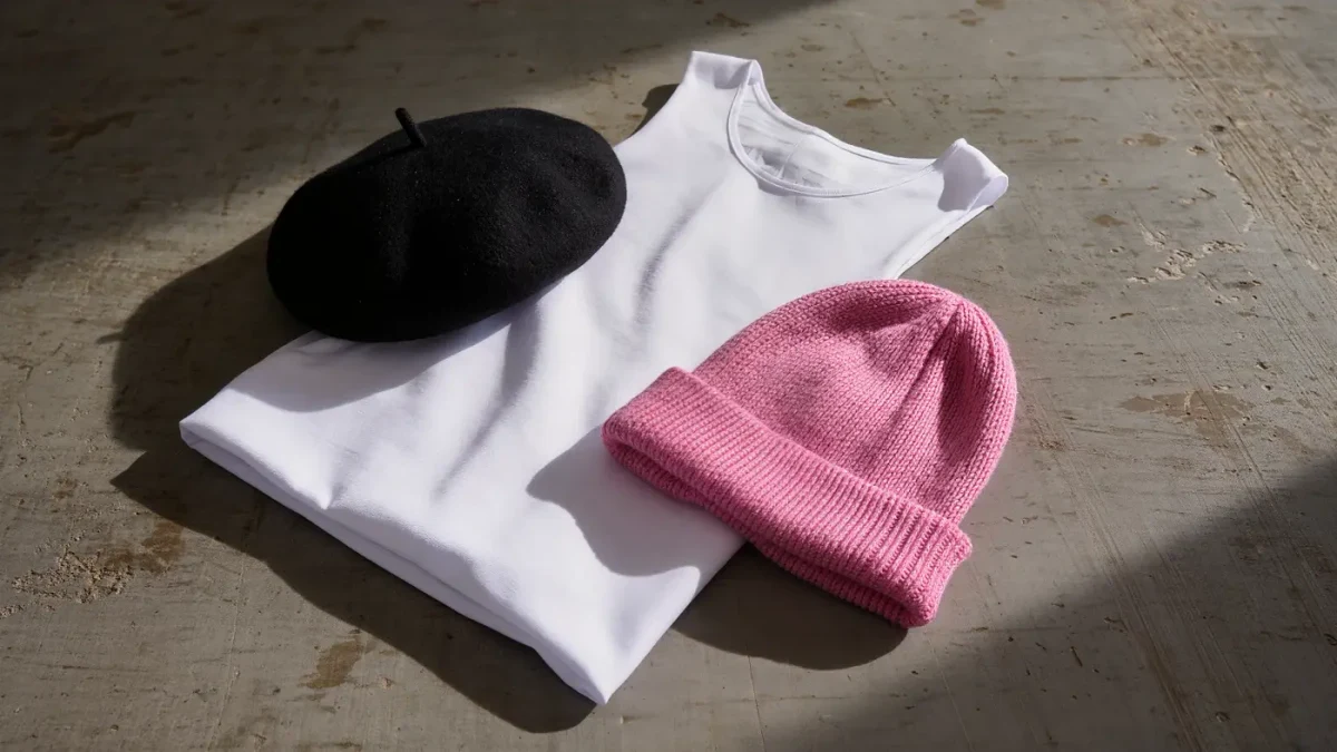 Folded white cotton dress, pink knitted beanie and black beret arranged on concrete