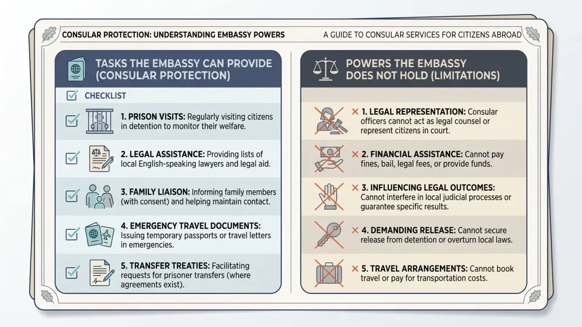 Infographic of consular tasks inside a checklist document frame