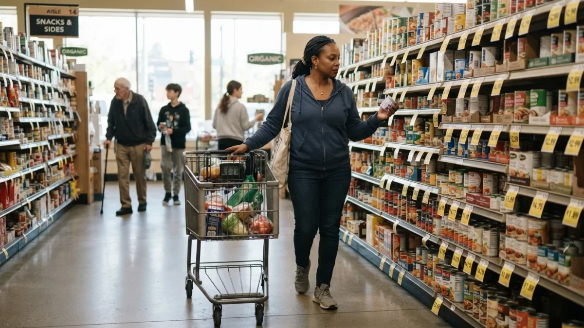 Shopper pushing a cart through a grocery store aisle at daylight