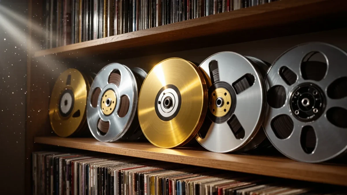 Wall of gold records and master tapes in a music archive