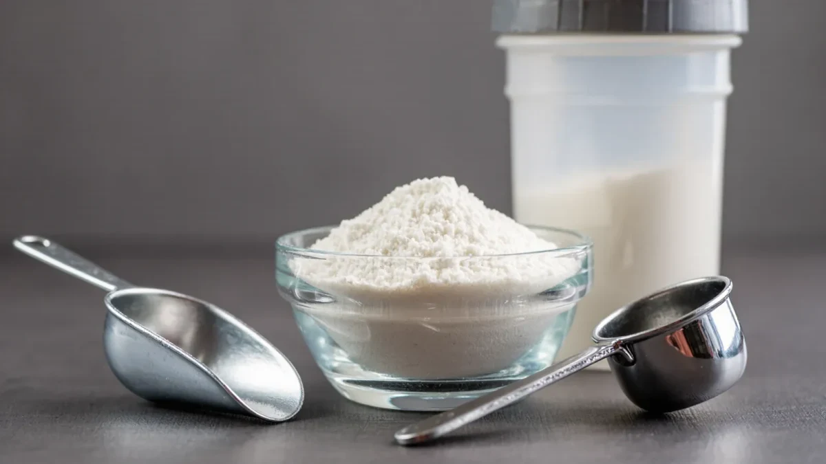 White creatine monohydrate powder and scoop on a training room table
