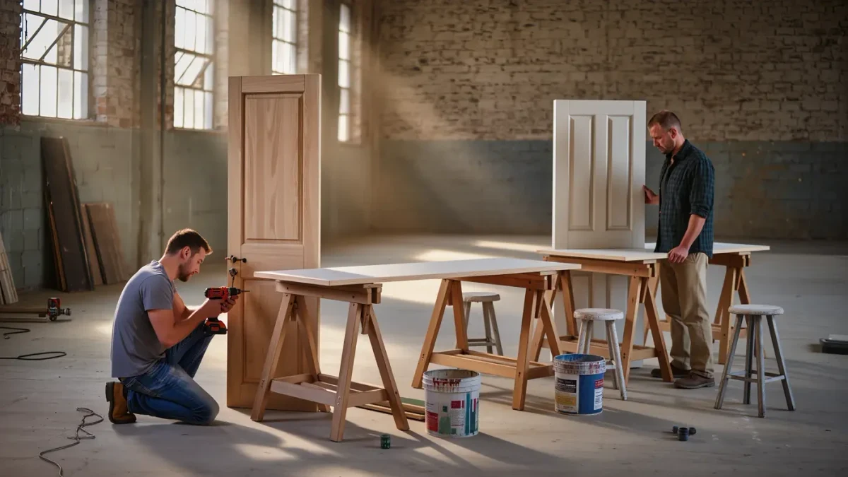 Two artists building tables from salvaged doors in raw studio