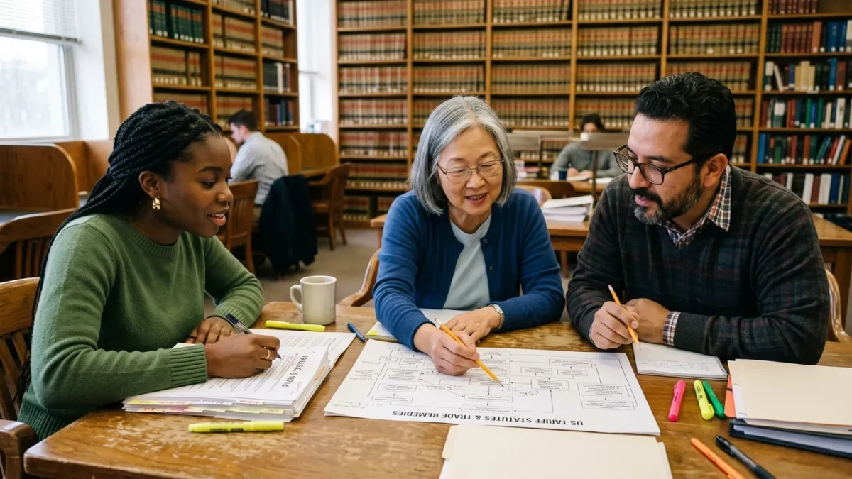 Diverse trade analysts reviewing statute flowcharts in a law library