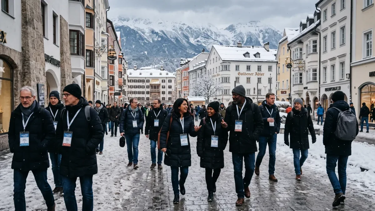 Alpine village street crowded with delegates in winter coats between sessions
