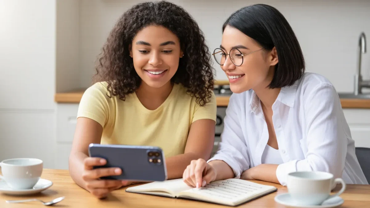 Hands holding a phone playing a video above a notebook with a written checklist