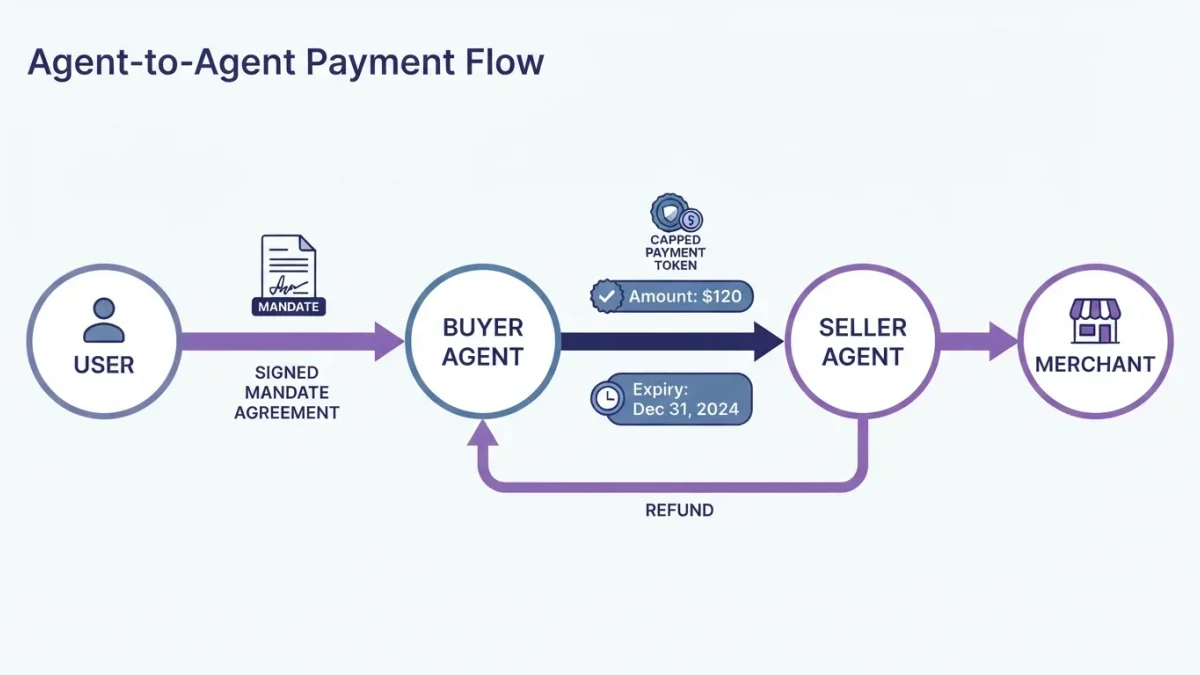 Infographic chart of an agent-to-agent payment with mandate and token