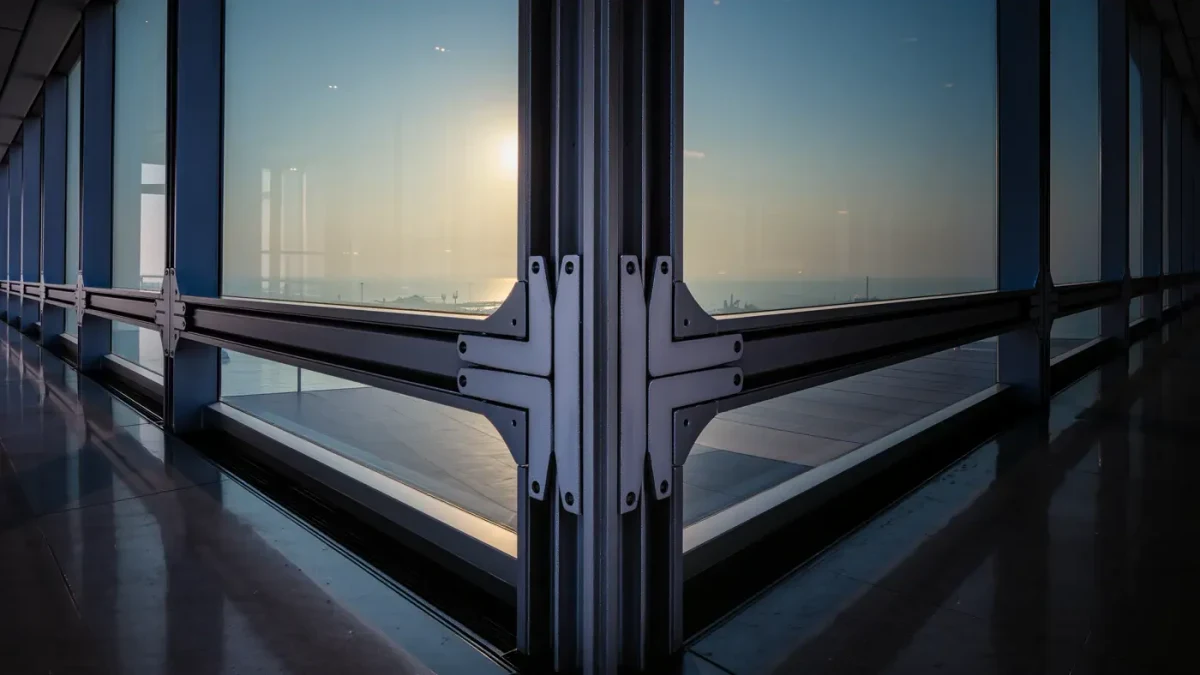 Steel window frame with hazy harbor horizon beyond glass