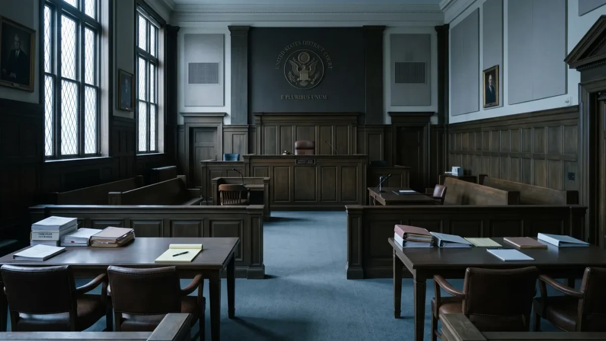 Empty federal courtroom with counsel tables and a stayed docket