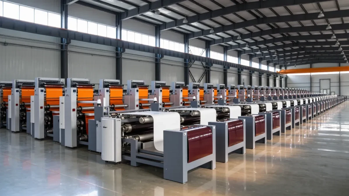 Battery pilot production line with stacked cell layers moving through clean machinery