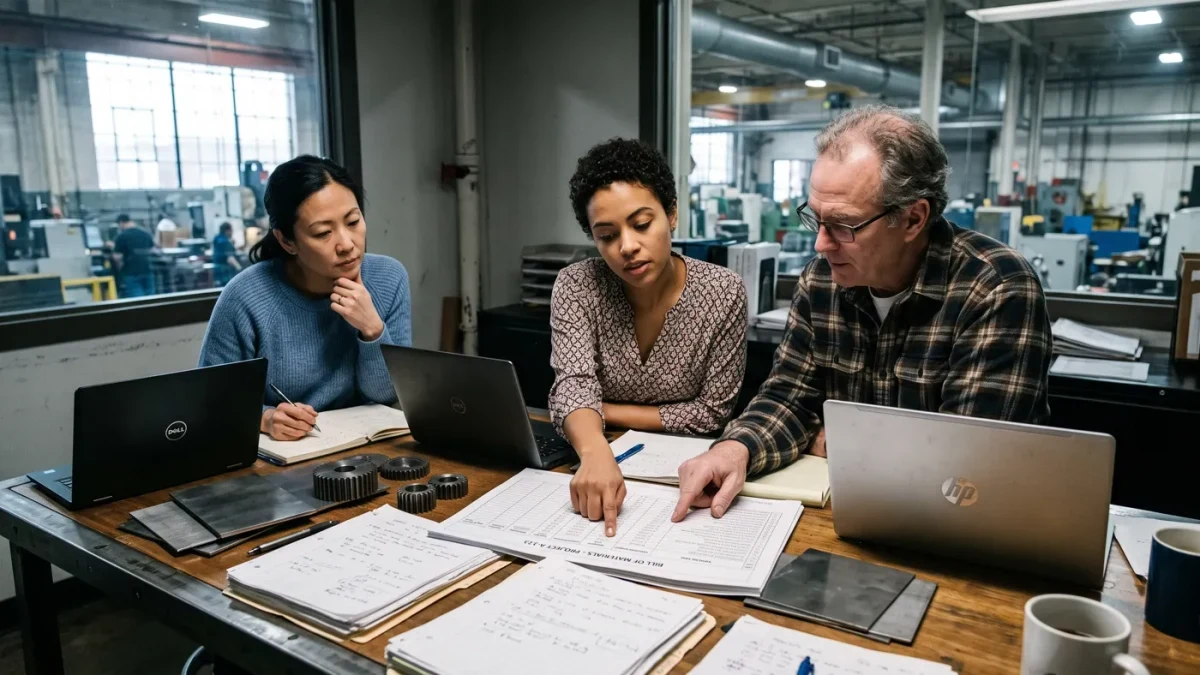 Diverse procurement staff reviewing component origin documents at a plant table