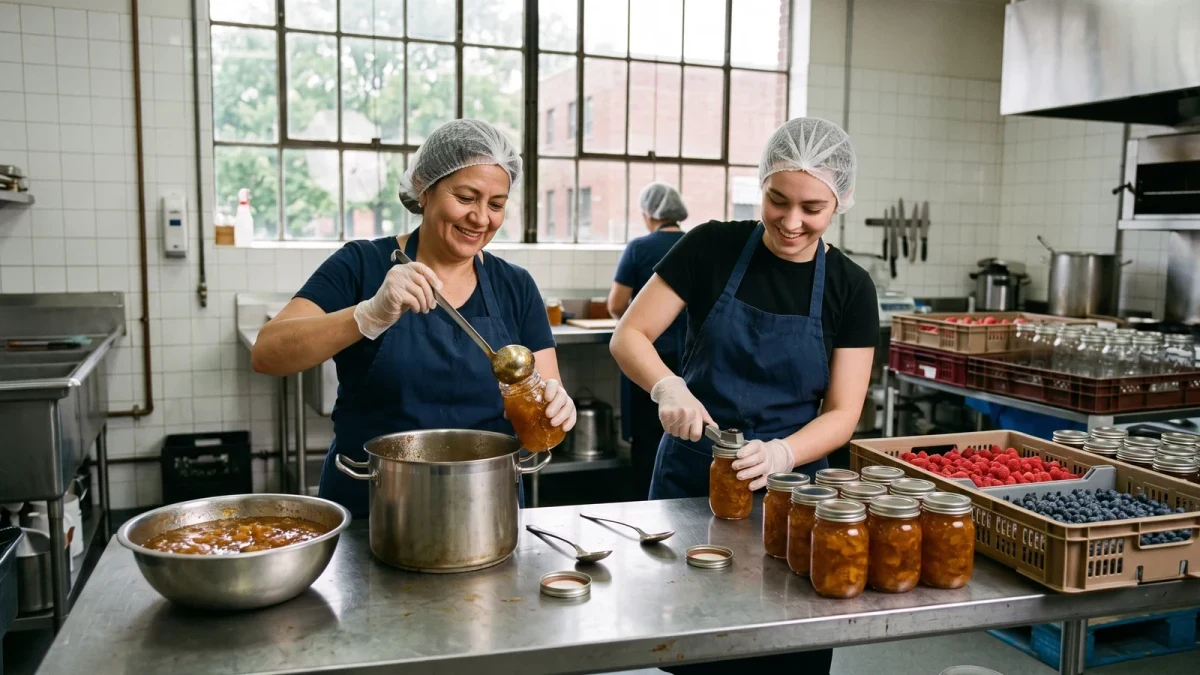 Operators jarring small-batch fruit preserves in licensed facility