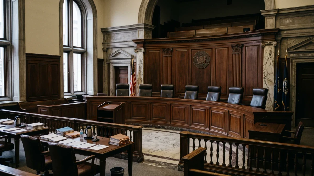 State supreme court chamber bench in afternoon light