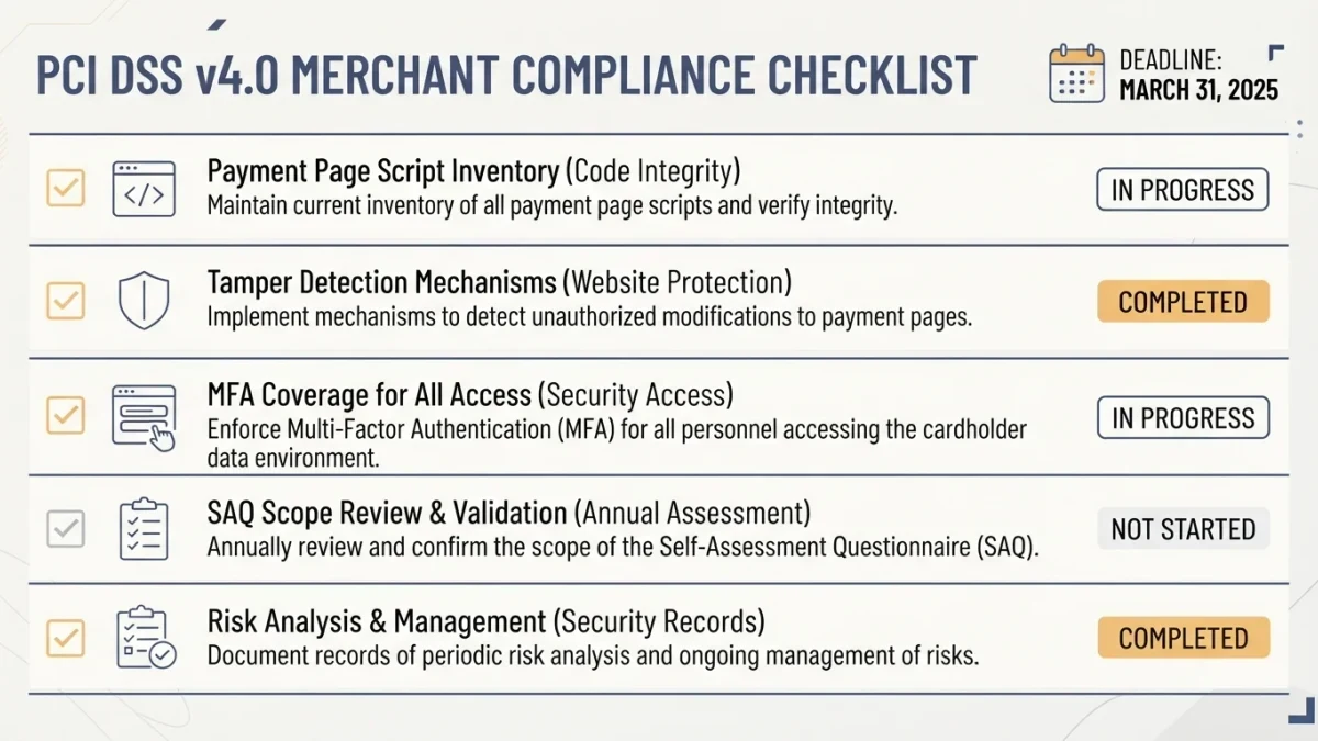 Compliance checklist chart of PCI DSS 4.0 merchant requirements