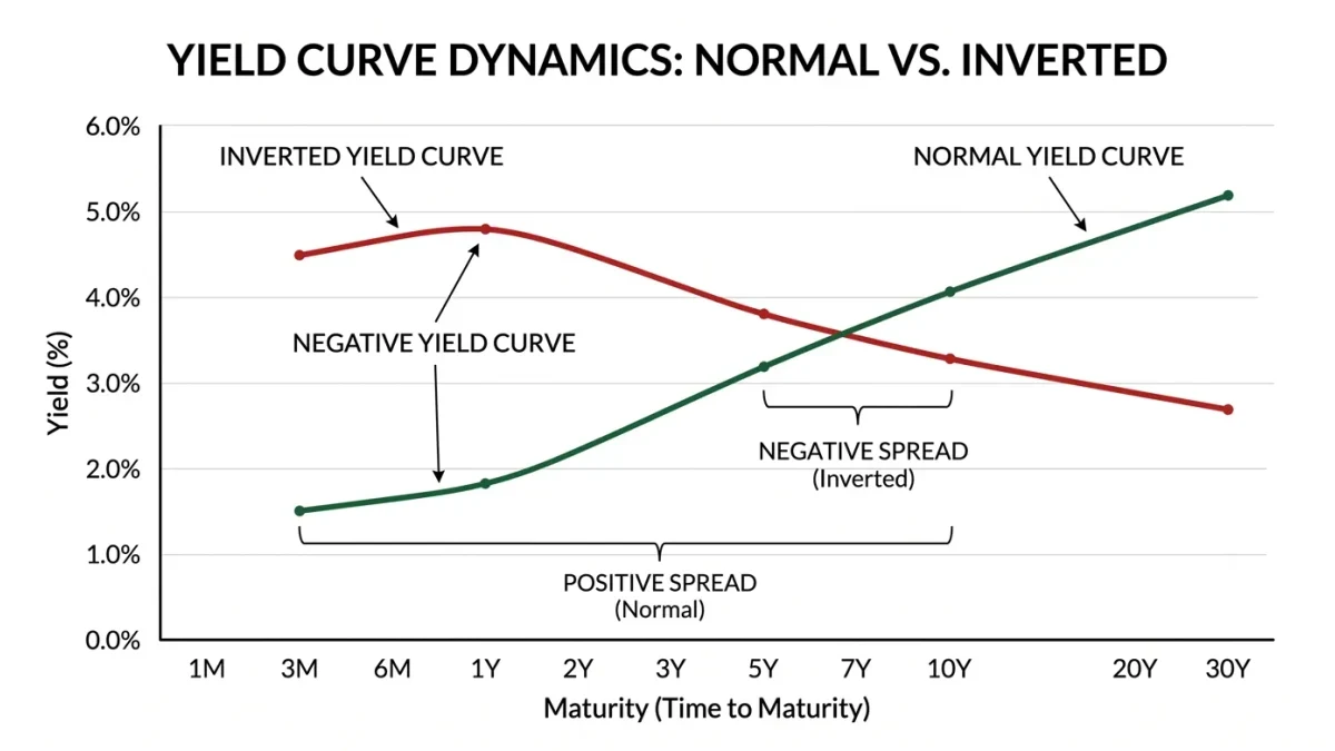Normal versus inverted yield curve lines on a maturity axis