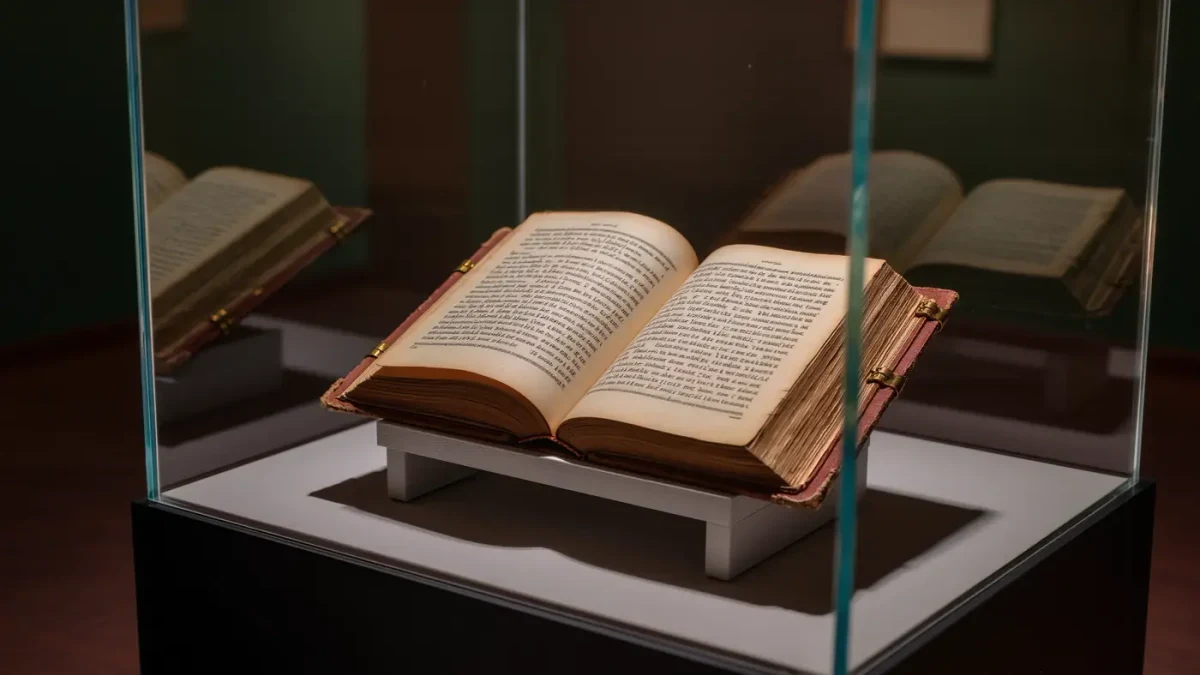 Close-up of a museum vitrine with a tiny handwritten volume