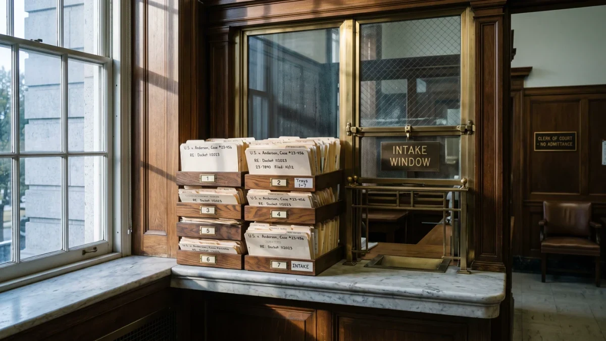 Courthouse clerk's window with case files awaiting screening