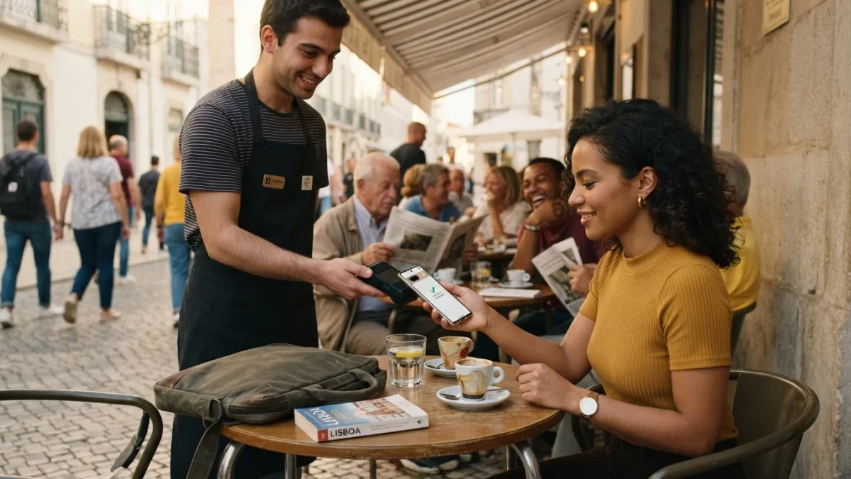Customers paying by phone at a European cafe terrace