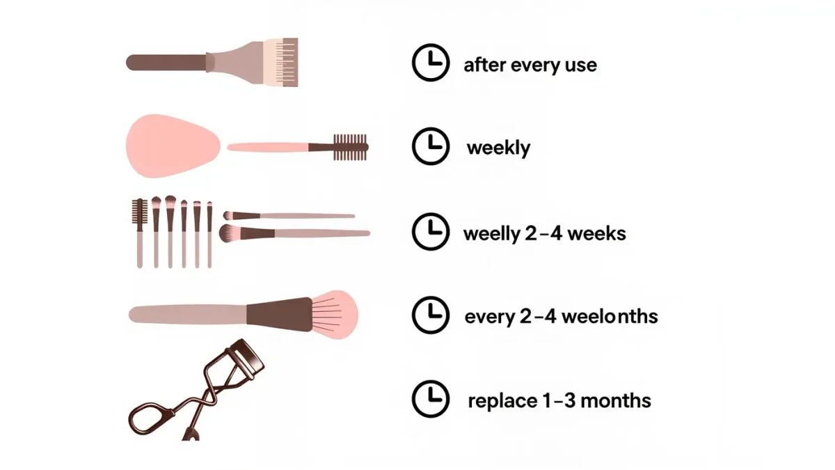 Infographic schedule showing brush types with weekly, monthly, and after-use cleaning intervals