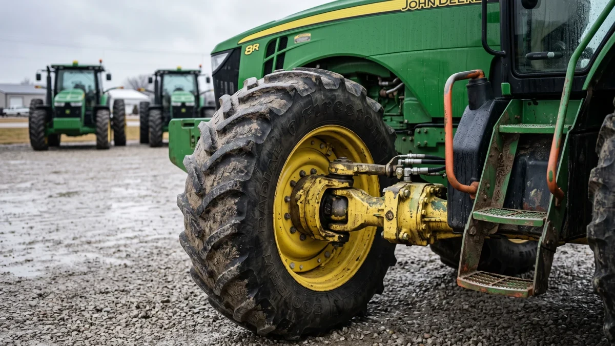 Used tractor row at a dealership lot in winter