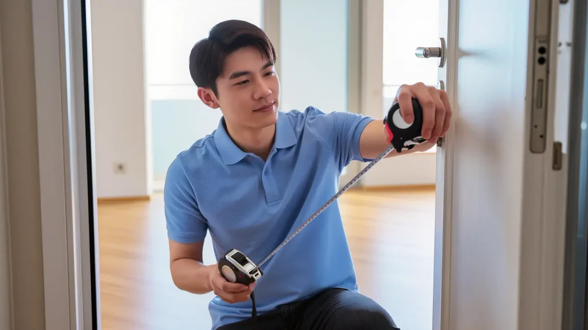 Leasing agent measuring a wide apartment doorway with a tape measure
