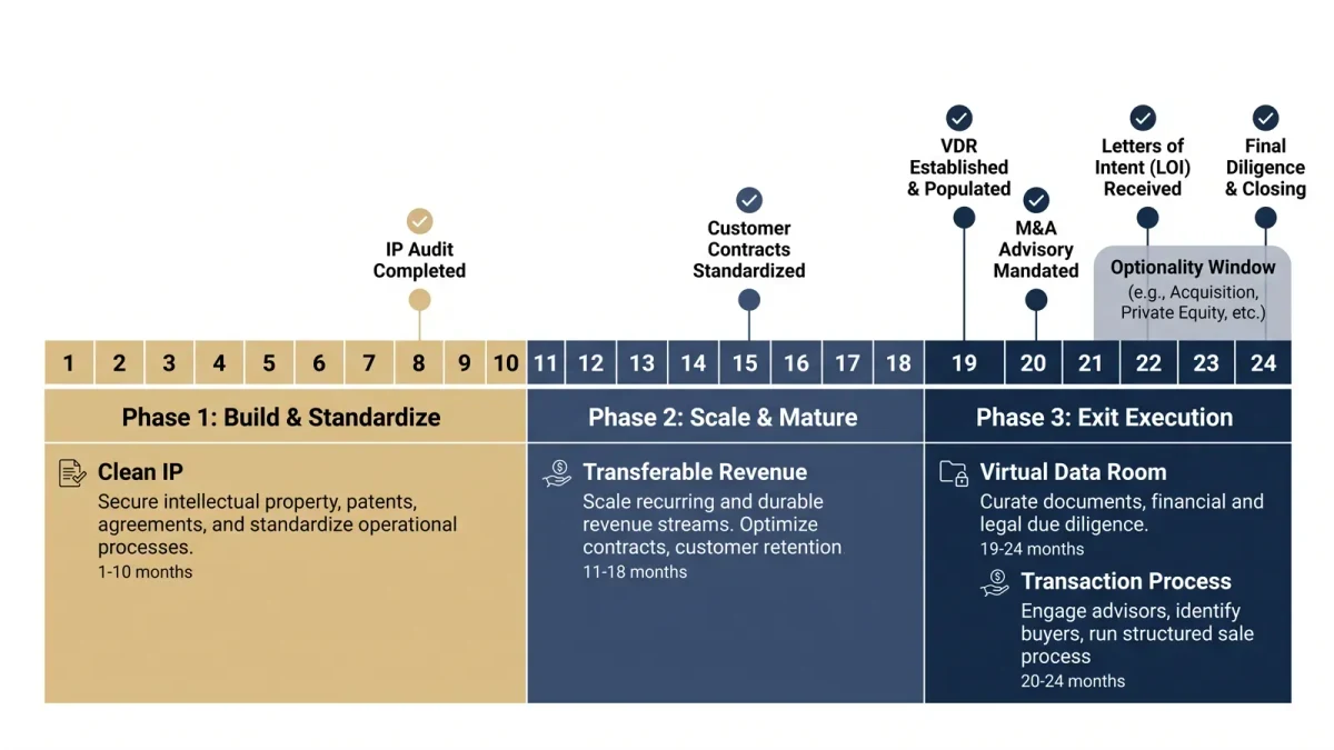 Timeline of exit-readiness phases from clean IP to data room
