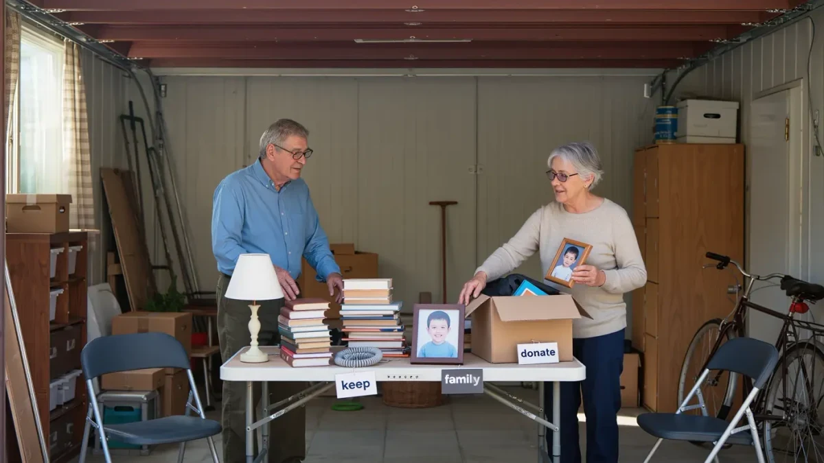 Older couple sorting possessions into keep and donate piles