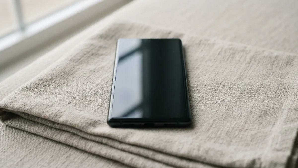 Studio close-up of a smartphone resting on folded natural linen