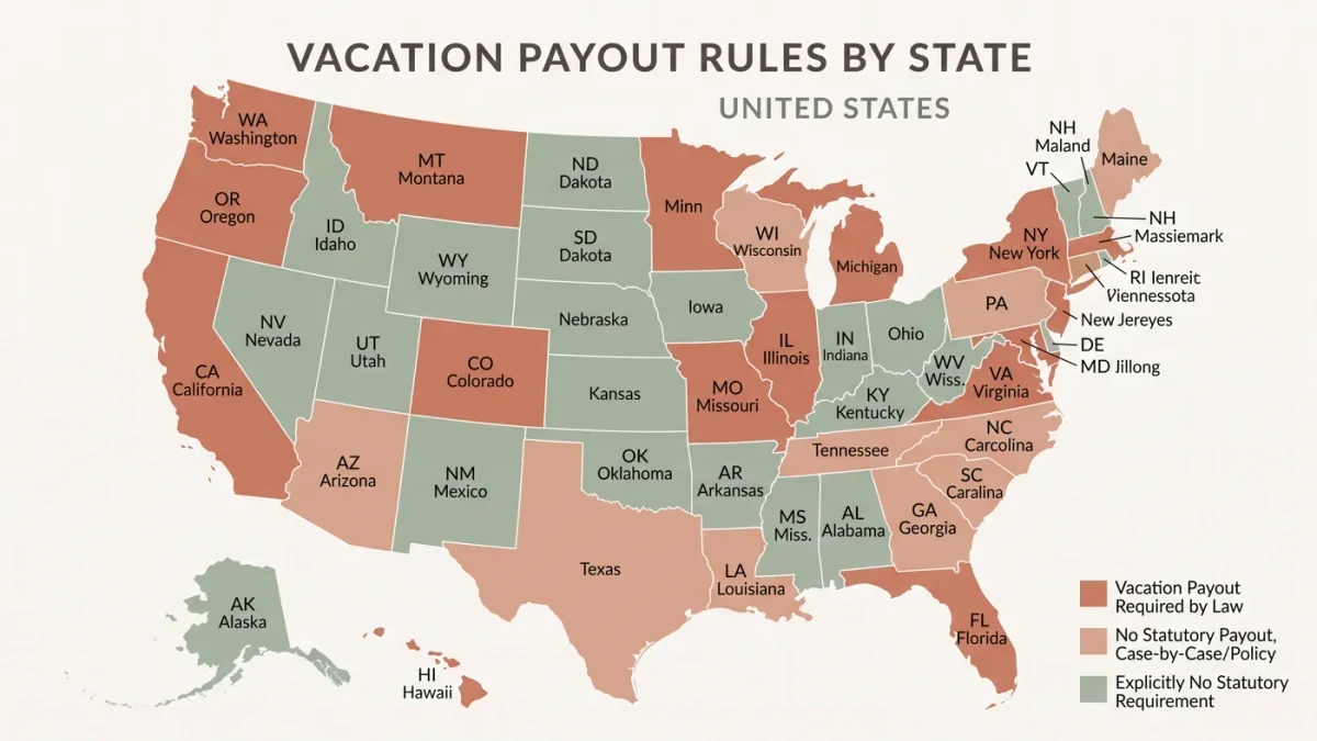 Infographic map of US states by vacation payout rules