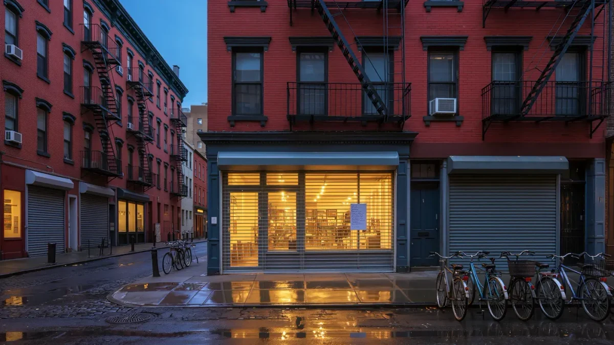 Glowing gallery storefront on a Lower East Side block