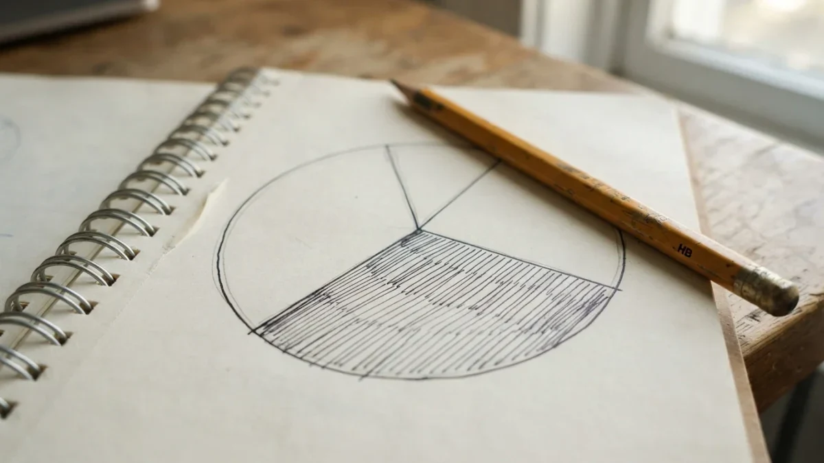 Close-up of a hand-drawn pie chart dividing a notebook page into three labeled wedges