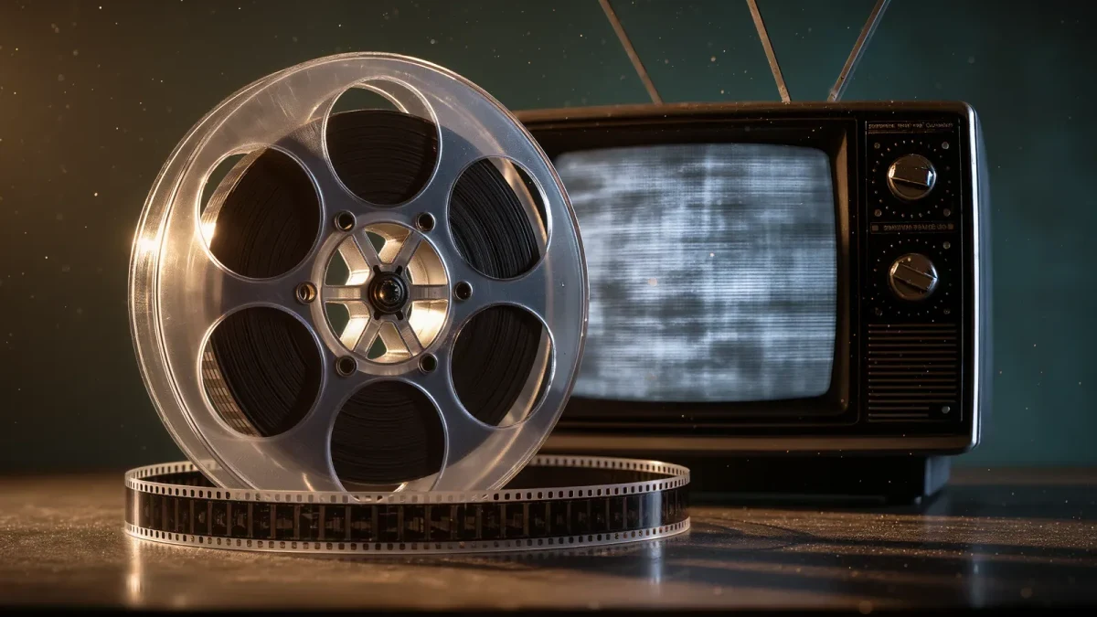 A vintage reel of film canisters beside an old broadcast monitor