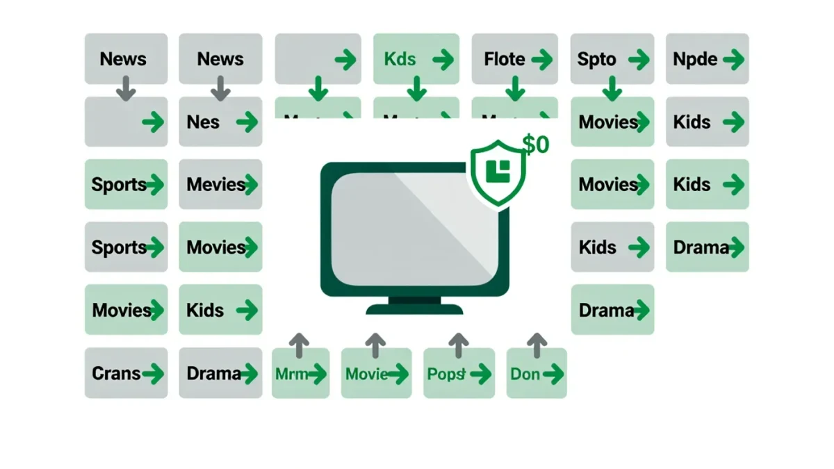 Infographic showing free streaming channel grid feeding a single household television