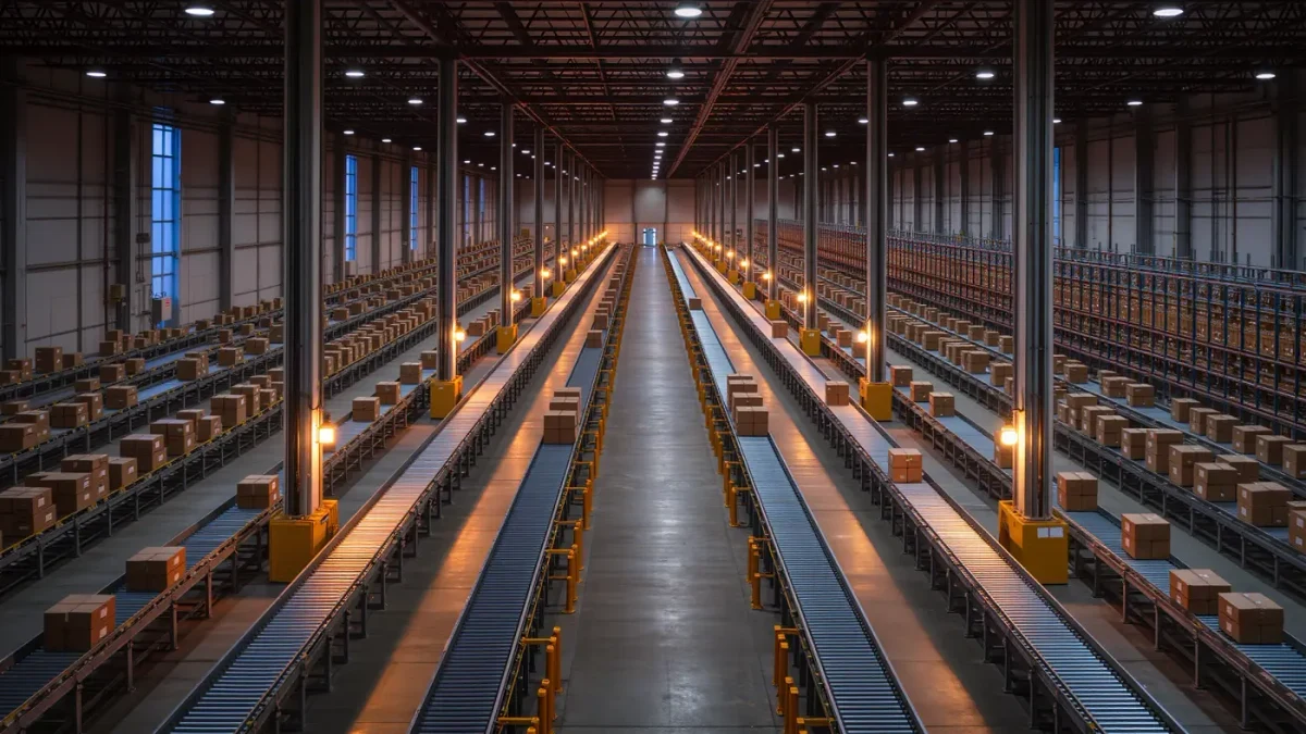 Distribution warehouse aisle with conveyor packages under work lighting