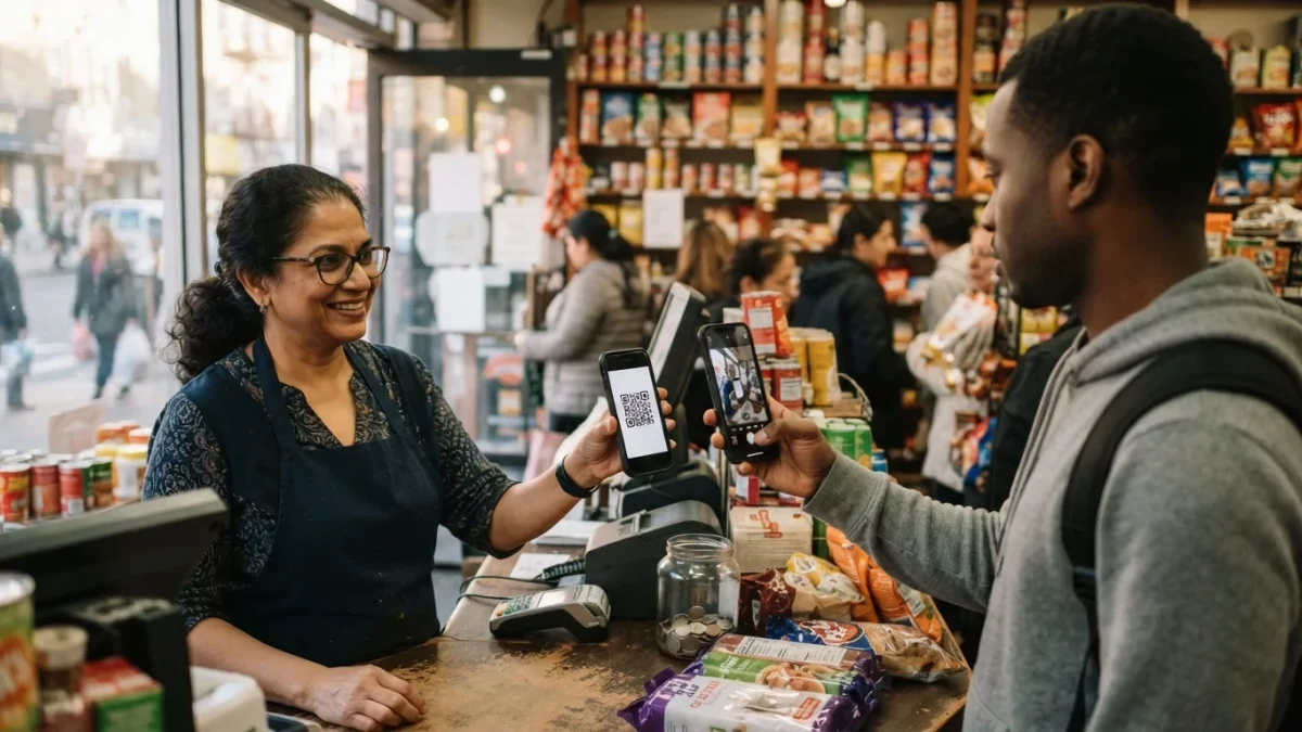 Merchant holding phone QR payment code at small retail counter