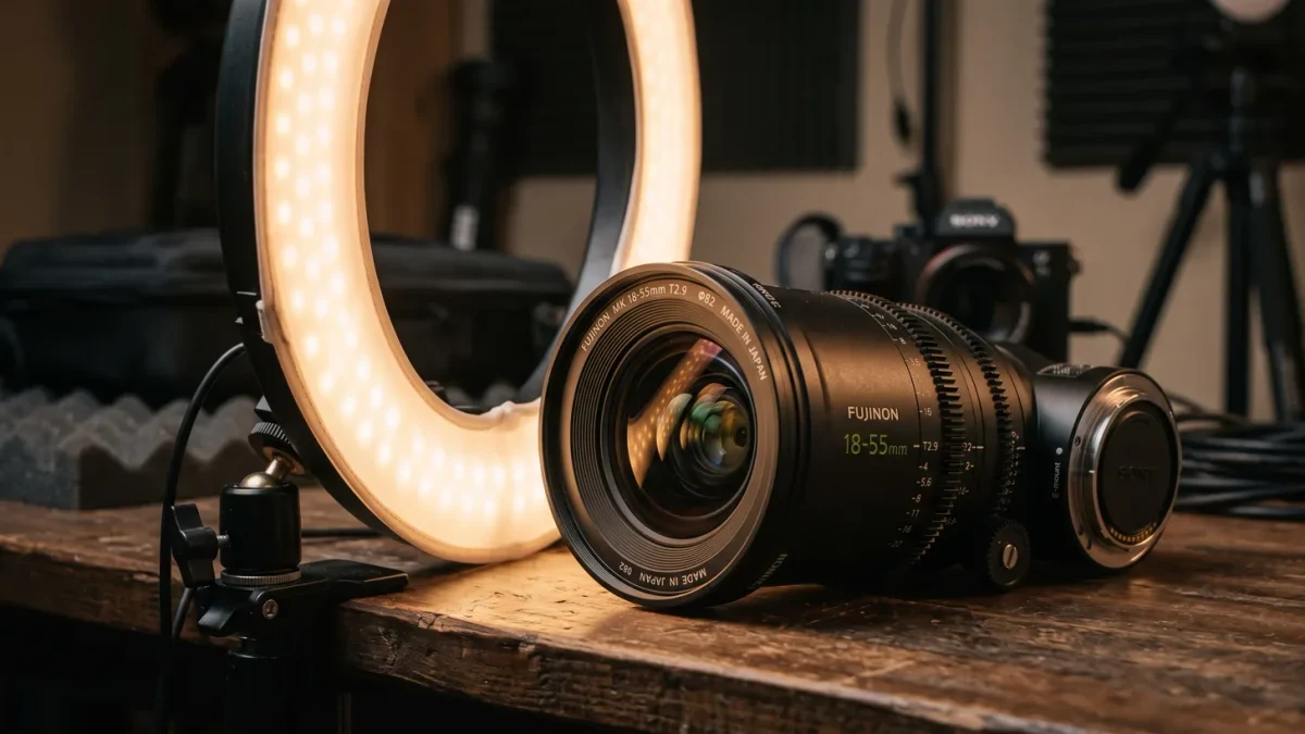 Close-up of a studio camera and ring light used for filming