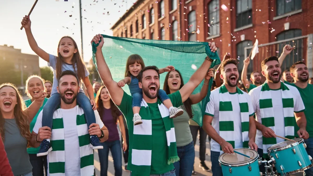 Diverse soccer fans celebrating at a new expansion club's street rally