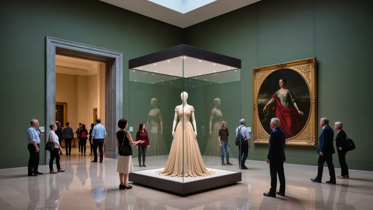 Visitors viewing a paired gown and classical portrait in a grand museum gallery