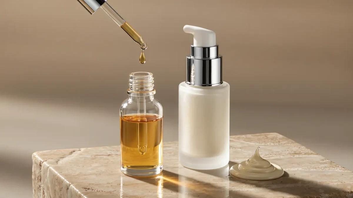 Amber hair oil dropper bottle beside frosted serum pump on travertine