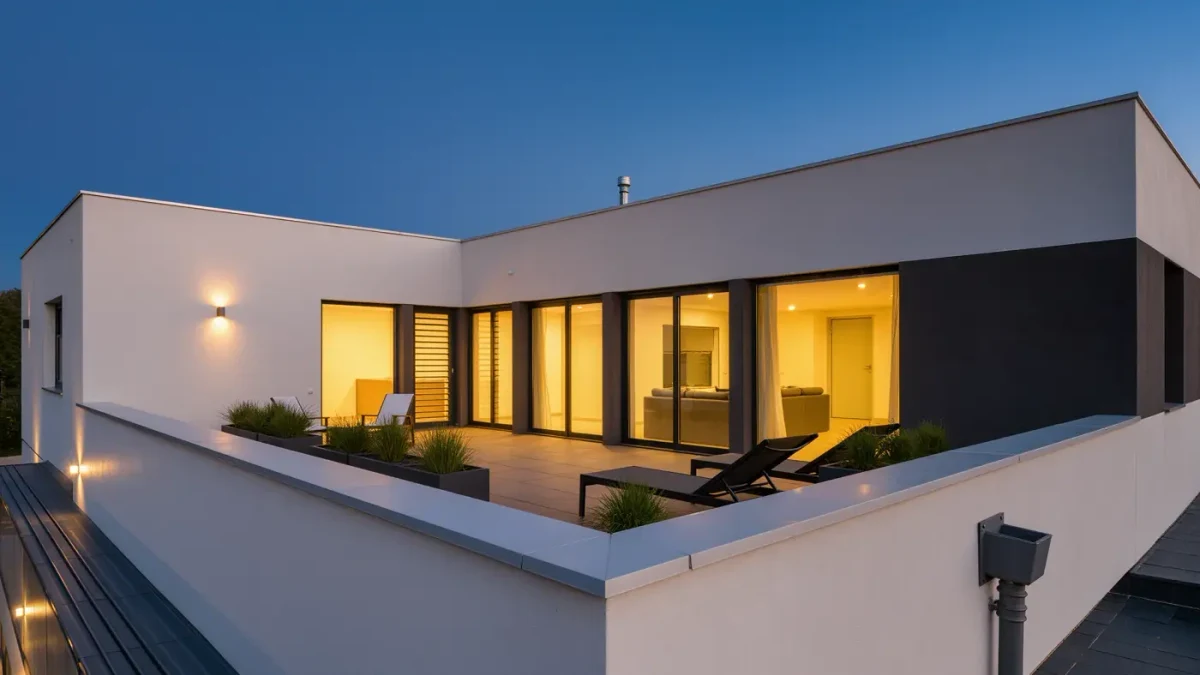 Modern house with flat roof and roof terrace at dusk