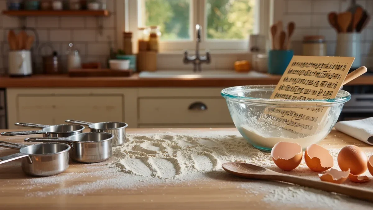 Flour-dusted kitchen counter with measuring cups and a handwritten recipe card