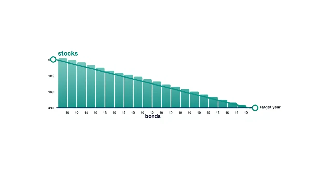 Infographic of a glide path line stepping from high stocks to balanced over decades