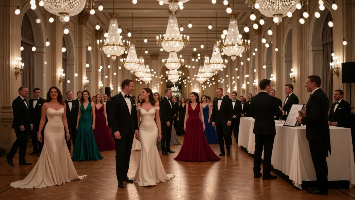 Gala guests in evening wear beneath a hotel ballroom chandelier