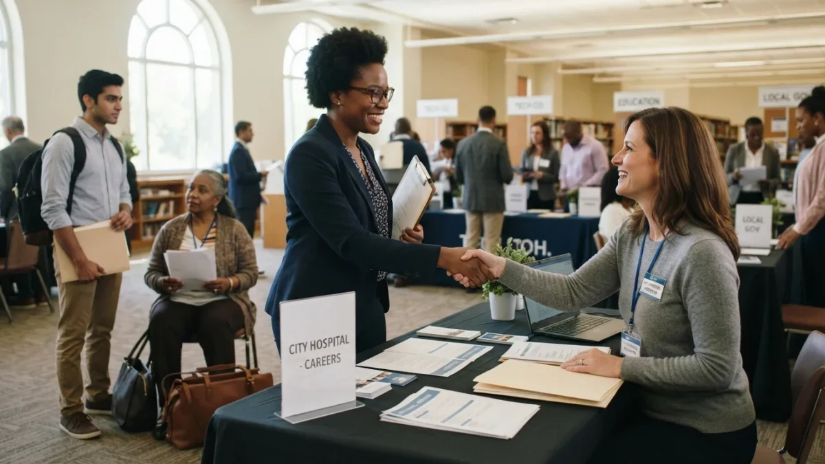 Diverse job seekers speaking with recruiters at a community hiring event