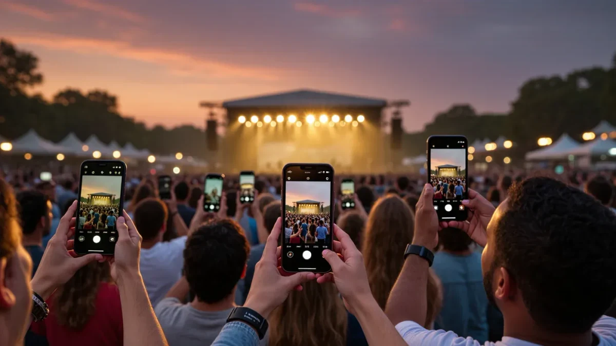 Diverse fans filming vertical video at an outdoor concert crowd